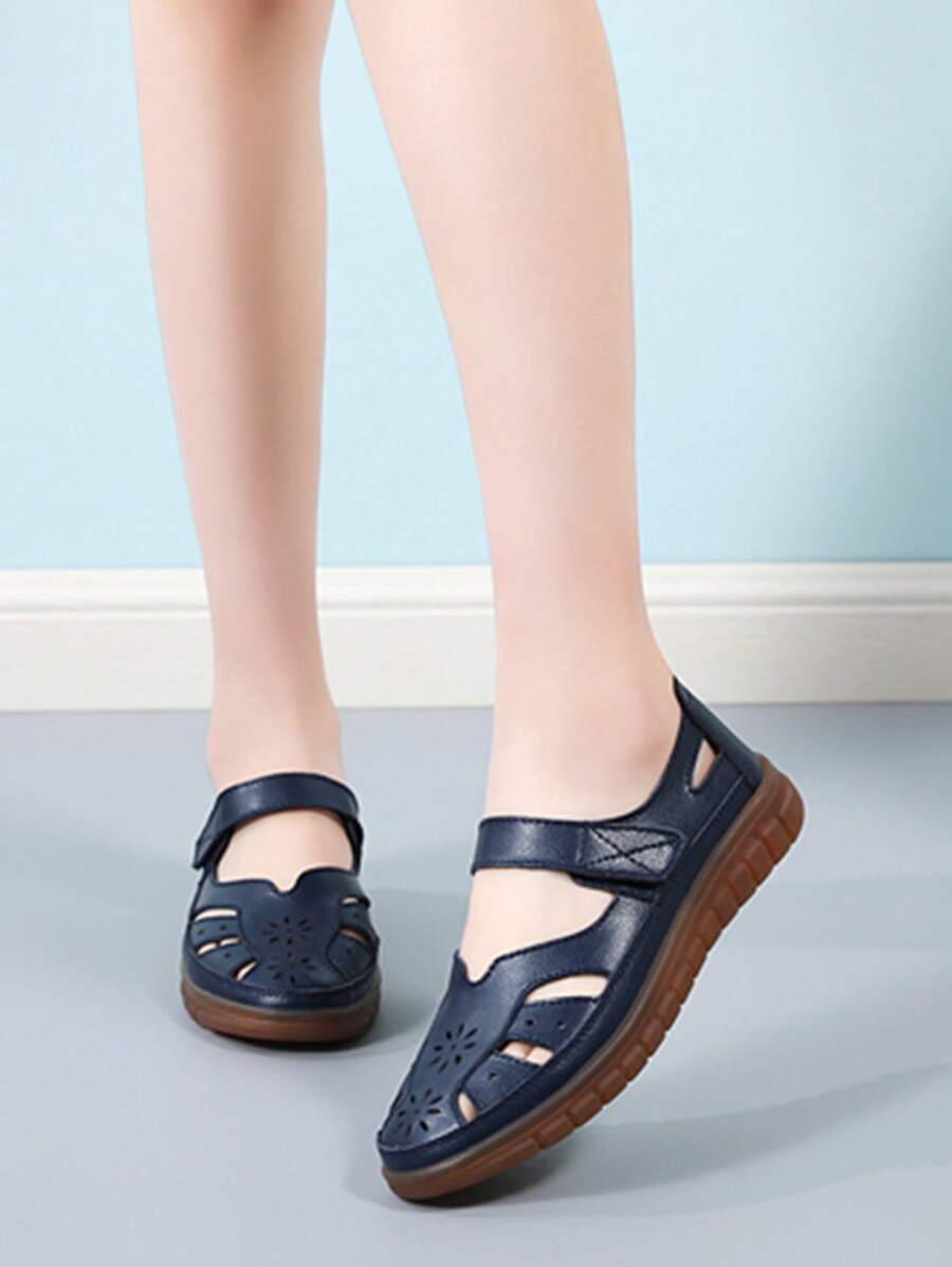 Women's Genuine Leather Flat Sandals, Closed Toe Fisherman Shoes, Casual Comfortable Summer Shoes, Work Shoes, Daily Walking Shoes, Quality Cowhide Hollow Out Slide Sandals For Women