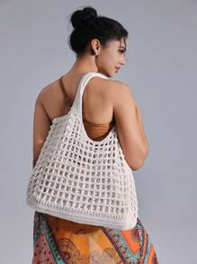 Borsa a tracolla leggera e informale dal design femminile, capienza ampia, realizzata a maglia e adatta per lo shopping come borsa a mano, un regalo per la festa della mamma o come borsa capiente adatta per laureandi, ragazze teenager e studenti di ogni livello, perfetta per le vacanze e la spiaggia.