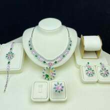Juego de joyería para mujer con colgante, pendientes, anillo, brazalete, diseño floral con circonita cúbica y gemas de colores, juego de joyería de novia/boda, juego de joyería para vestido de noche