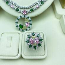 Juego de joyería para mujer con colgante, pendientes, anillo, brazalete, diseño floral con circonita cúbica y gemas de colores, juego de joyería de novia/boda, juego de joyería para vestido de noche