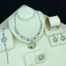 Juego de joyería para mujer con colgante, pendientes, anillo, brazalete, diseño floral con circonita cúbica y gemas de colores, juego de joyería de novia/boda, juego de joyería para vestido de noche