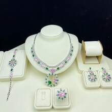 Juego de joyería para mujer con colgante, pendientes, anillo, brazalete, diseño floral con circonita cúbica y gemas de colores, juego de joyería de novia/boda, juego de joyería para vestido de noche