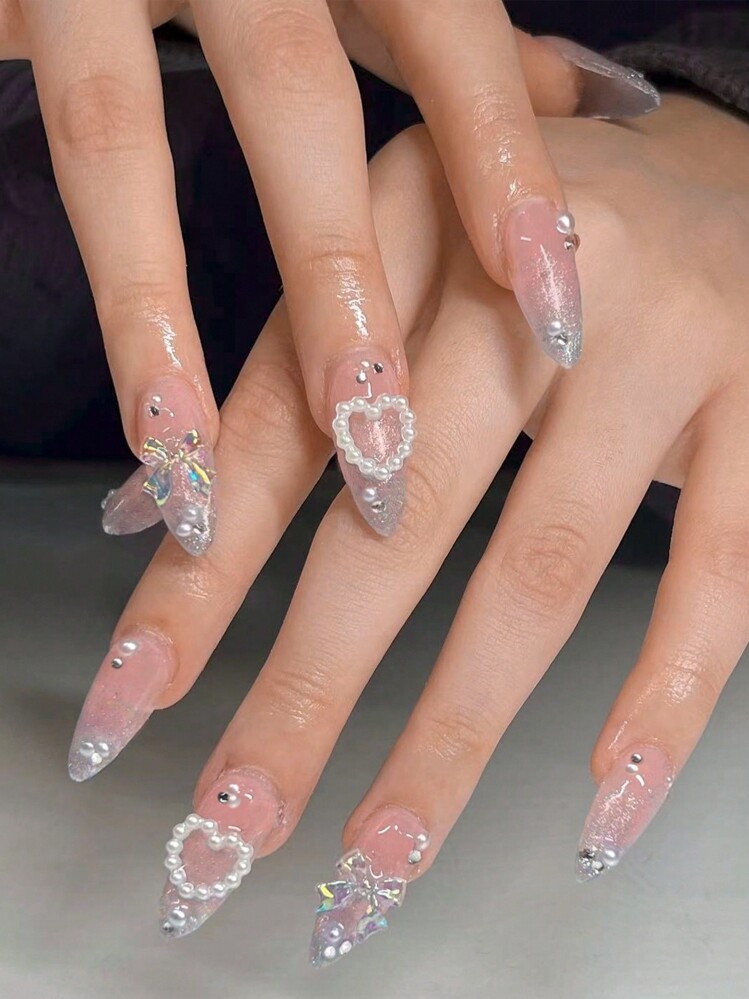 24 piezas/set Uñas postizas largas con diseño brillante de almendra con lazo y perlas de acrílico, incluye 1 pegamento tipo gelatina y 1 lima de uñas, adecuado para mujeres y niñas, suministros de uñas para uso diario y en fiestas uñas falsas uña falsa uña acrílica