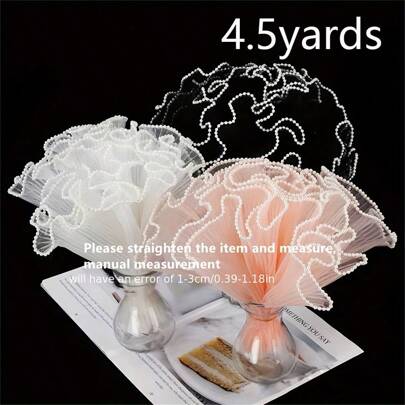 4.5 Yards Pearl Border Pleated Wave Three-Dimensional Flounce Mesh Fresh Flower Bouquet Packaging Materials Lace Spray Yarn, Wavy Yarn, Bouquet Flowers, Roses, Gifts, Flower Packaging, Pleated Packaging, Flower Materials, Florist Decorative Net