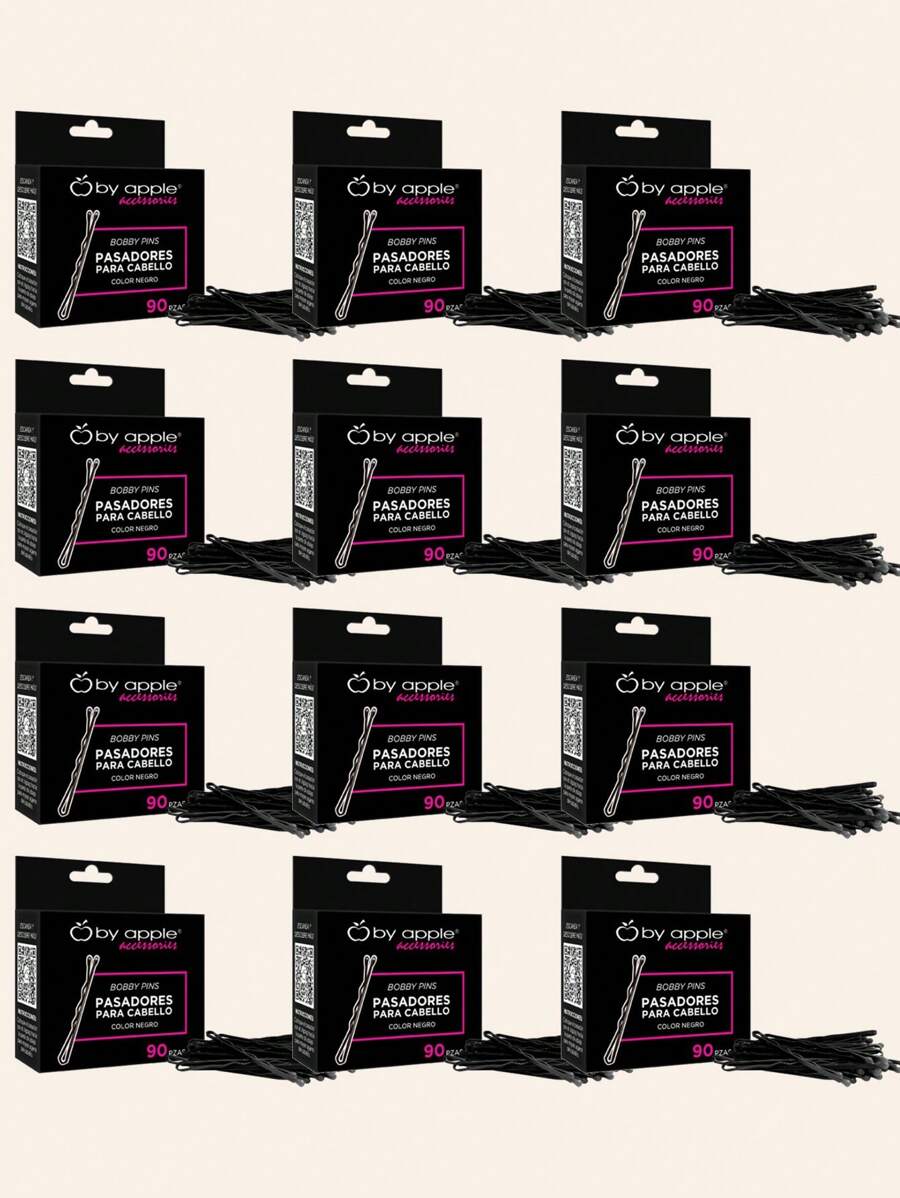 12 cajas de pasadores para cabello con 90 piezas, en color negro. Ideal para complementar el peinado. 1080 piezas de pasadores - Negro - Ver 1
