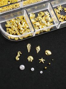 12 piezas Decoraciones de arte de uñas con conchas marinas y estrellas de mar doradas - Accesorios de remaches metálicos, cuentas de acero, perlas y tachuelas de conchas marinas y estrellas de mar 3D para manualidades de uñas - Multicolor - Ver 5