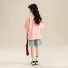 2025 Girls Short Sleeve T-Shirt 2025 New Summer Korean Style Children Tween Girl Casual Top - Pink - View 6