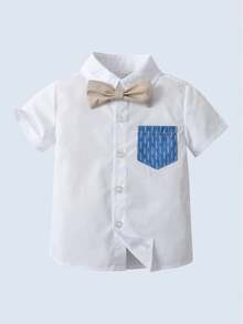 BOARNSEORL 2 件套年轻男孩绅士装 - 短袖白衬衫配领结和吊带短裤，时尚有型，适合生日派对、婚礼、宴会 - 卡其色 - 查看 2