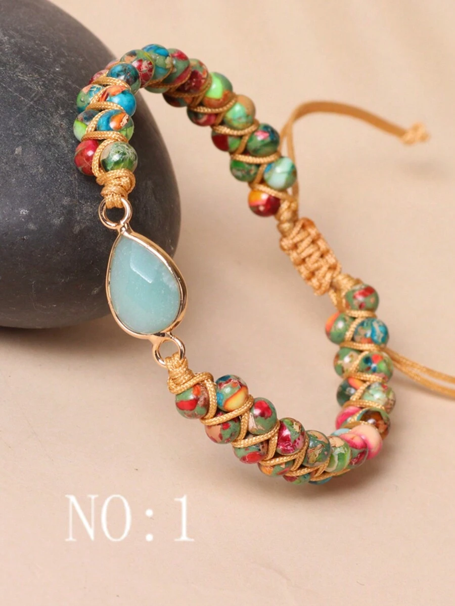 1pc Natural Rainbow Jasper Beaded Bracelet With Water Drop/Heart Pendants, Handmade Adjustable - Colorful - View 1