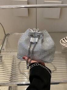Mini Plain Glitter Diamond Fashion Evening Bag Shiny Drawstring Bucket Bag With Metal Chain Strap For Women To Use As Shoulder Bag For Party Outdoor Activities - Silver - View 2