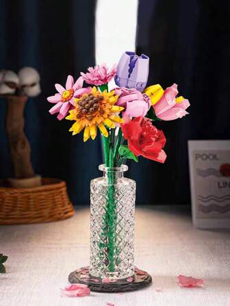 1pc Miniature Building Block Artificial Flower Bundle DIY Unique Home Decoration, Plant Series, Suitable For Girlfriend Gift, Mother's Day Gift, Birthday Gift, Fashionable Toy Room Decoration