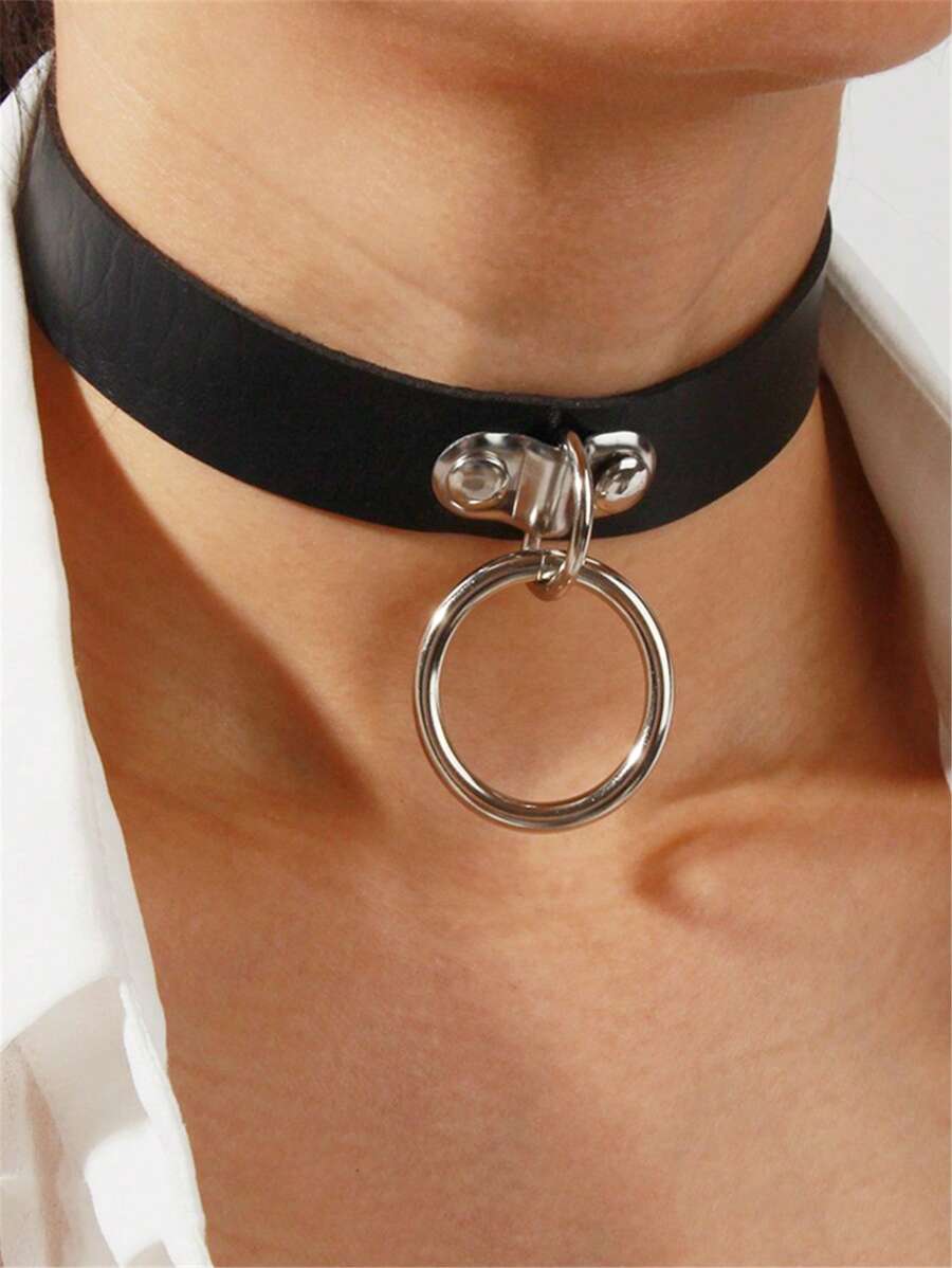 1pc Harajuku Punk Style Fashionable Round Single-Pronged Buckle Leather Collar Necklace