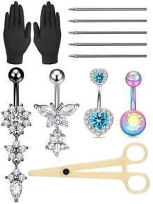 1set Stainless Steel CZ Belly Button Ring DIY Set Including Piercing Tool Butterfly Navel Stud Body Jewelry - Multicolor - View 3