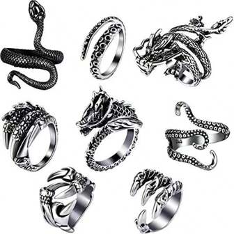 8pcs/Set Vintage Asymmetrical Dragon & Snake Adjustable Open Rings, Suitable For Men Daily Casual Wear