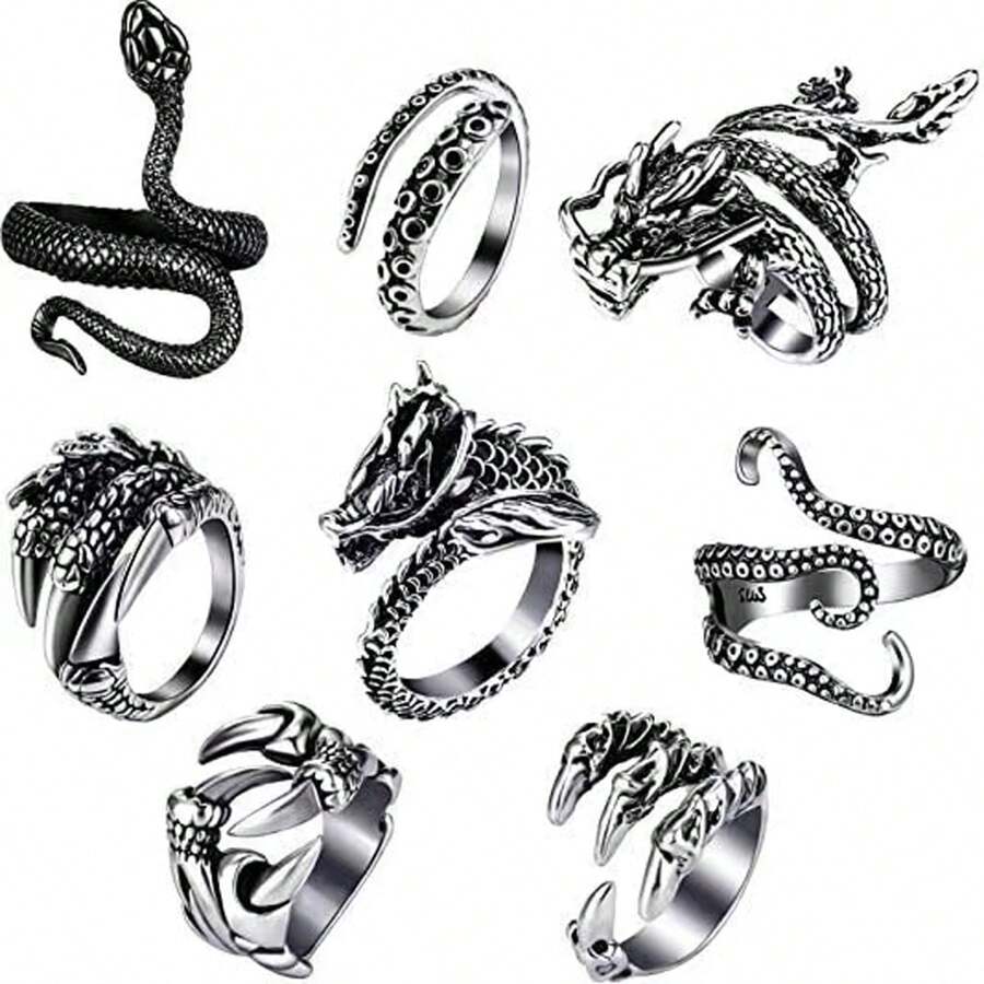 8pcs/Set Vintage Asymmetrical Dragon & Snake Adjustable Open Rings, Suitable For Men Daily Casual Wear - Antique Silver - View 1