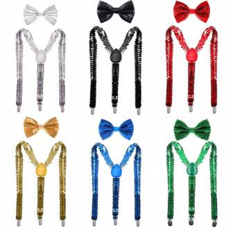 1 Set de tirantes y pajarita con brillo, set ajustable y elástico de tirantes y pajarita unisex para Halloween, salir, bodas, fiestas y como regalo. Accesorios de Halloween, disfraces de Halloween, accesorios de otoño-invierno. Adecuado para adolescentes, jóvenes, hombres, uso casual, al aire libre, deportivo, vacaciones, regalos de graduación, cumpleaños, uso diario.