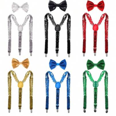 1 Set Glitter Suspenders And Bowtie Set, Unisex Adjustable Elastic Suspenders And Bowtie Set Halloween For Going Out Outfit Wedding Party And For Gift Halloween Accessories, Halloween Costumes Autumn-Winter Accessories Halloween Costume,Suitable For Teens, Youth,Men,Casual, Outdoor, Athletic, Vacation, Graduation Gifts, Birthday, Daily Wear
