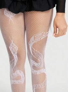 1pc Women Sexy High Waist Snake Pattern Cut-Out Fishnet Stockings Gothic Style Sheer Pantyhose With Hollowed-Out Design - White - View 1