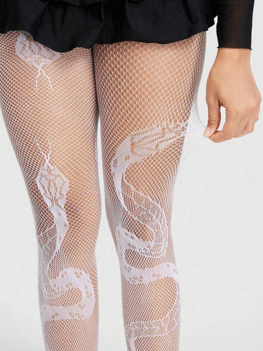 1pc Women Sexy High Waist Snake Pattern Cut-Out Fishnet Stockings Gothic Style Sheer Pantyhose With Hollowed-Out Design - White - View 1