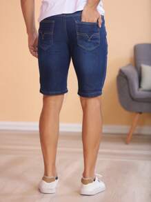 Men Denim Shorts - 深色水洗藍 - 查看 4