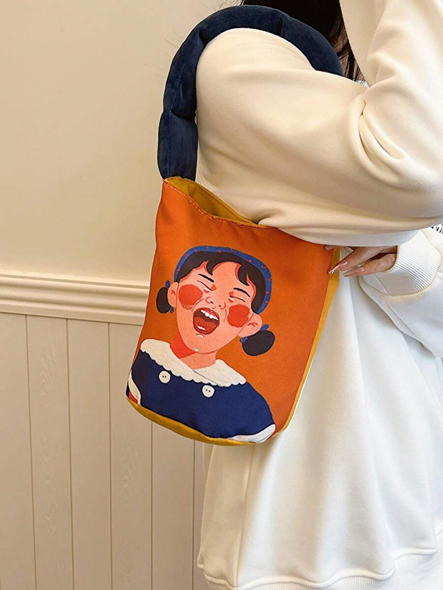 時尚帆布女包戶外嬰兒推車包多功能手機鑰匙錢包卡通可愛醜桶包，適用於上班族和學生，也可作為午餐包 - 橘色 - 查看 1
