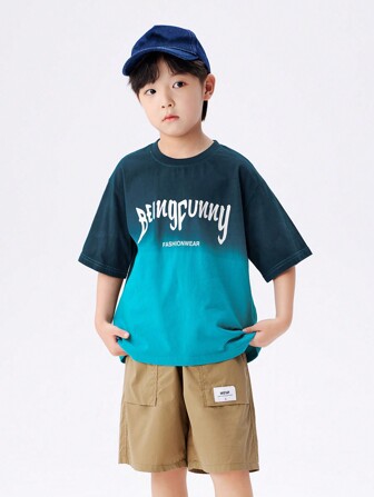 zosee Young Boy Blue  Gradient Short Sleeve T-Shirt Children Gradient Cotton Top 2024 Summer New Boy Half-Sleeve Summer Wear