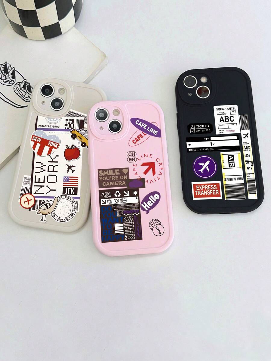 3pcs Tag, Slogan Patterned Phone Cases, Black, White, Pink, Matte