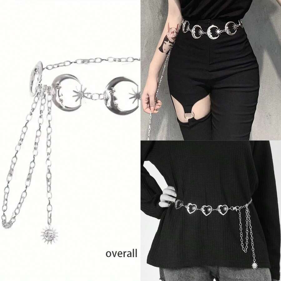 1 Máy Tính Boho Mặt Trăng Mặt Trời Rỗng Eo Dây Xích Y2K Xu Hướng Tua Rua Đầm Dây Nữ Có Thể Điều Chỉnh Cơ Thể Thắt Lưng Bụng Trang Sức