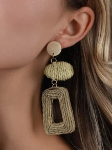 1pair Handmade Woven Paper Rope Earrings With Geometric Patchwork Design And Colorful Contrasting, Perfect For Vacation And Party Outfits - Dark Green - View 10