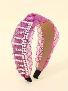 1pc Women's Khaki Mesh & Faux Pearl Knotted Wide Headband Suitable For Daily And Dance Party Use Hair Band Hair Hoop