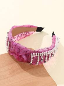 1pc Women's Khaki Mesh & Faux Pearl Knotted Wide Headband Suitable For Daily And Dance Party Use Hair Band Hair Hoop