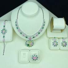 Juego de joyería para mujer con colgante, pendientes, anillo, brazalete, diseño floral con circonita cúbica y gemas de colores, juego de joyería de novia/boda, juego de joyería para vestido de noche