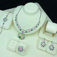 Juego de joyería para mujer con colgante, pendientes, anillo, brazalete, diseño floral con circonita cúbica y gemas de colores, juego de joyería de novia/boda, juego de joyería para vestido de noche