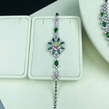 Juego de joyería para mujer con colgante, pendientes, anillo, brazalete, diseño floral con circonita cúbica y gemas de colores, juego de joyería de novia/boda, juego de joyería para vestido de noche