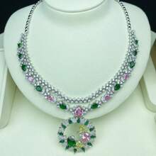 Juego de joyería para mujer con colgante, pendientes, anillo, brazalete, diseño floral con circonita cúbica y gemas de colores, juego de joyería de novia/boda, juego de joyería para vestido de noche