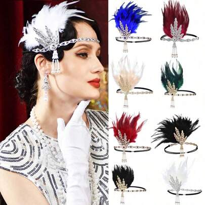 复古 1 件赛马活动风格合金金属叶形天然羽毛头带，女士连衣裙装饰发饰，水晶双排头带发带，适用于派对服装配饰、母亲节和教师节礼物。万圣节