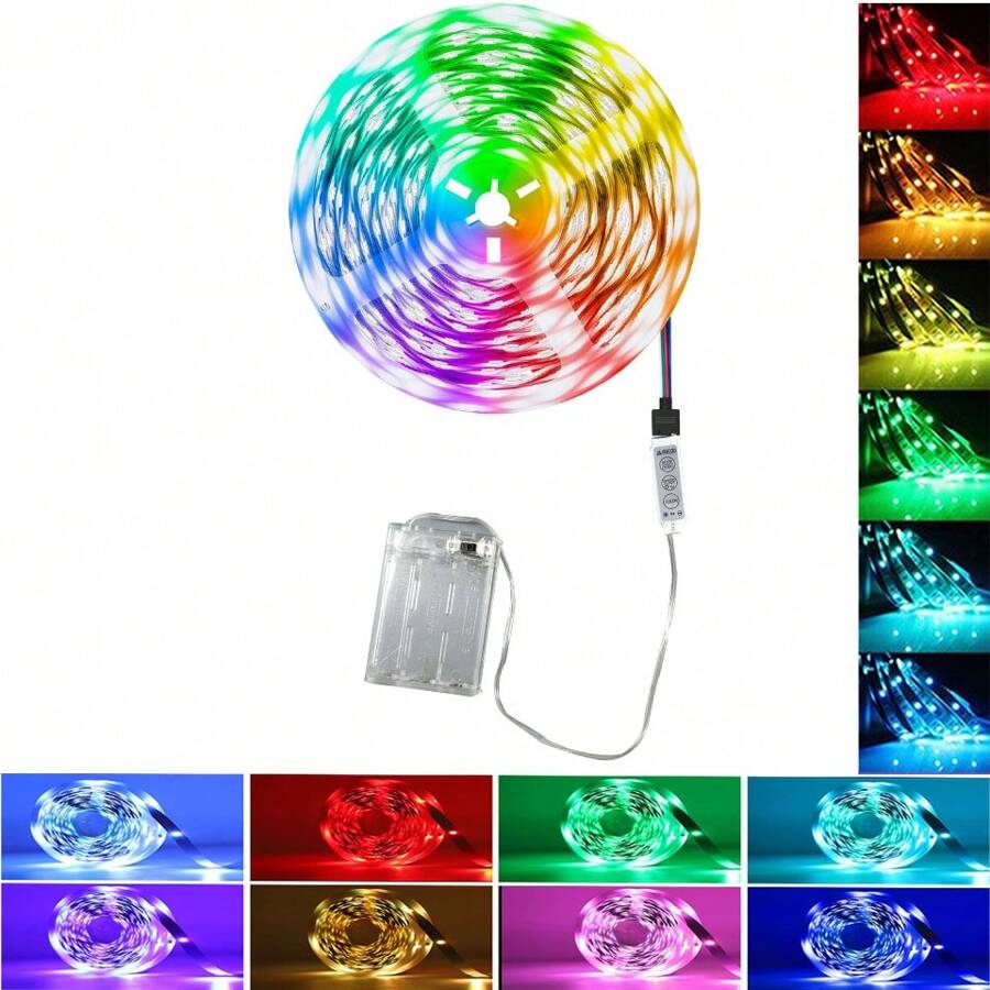 1 Rolle von 1m/3.3ft~15m/49.2ft batteriebetriebene LED-Streifenlichter (ohne Batterie), RGB-Farbwechsel, flexibles batteriebetriebenes LED-Licht, 3-Knopf-Controller für Schlafzimmer, Tisch, Zuhause, Raum, TV-Camping und DIY-Dekoration