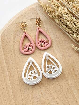 2Pcs/Set Teardrop Flower Shape Soft Clay Mold, Summer Line Printing Embossing Polymer Clay Cutters, Clay Earring Cutter For Polymer Clay Jewelry Making,Polymer Clay Stud Earring Stamp Making Tool, Clay Jewelry Making Kit, Clay Earring Molds,Made By PLA, DIY Earring Gift Clay Earrings Making
