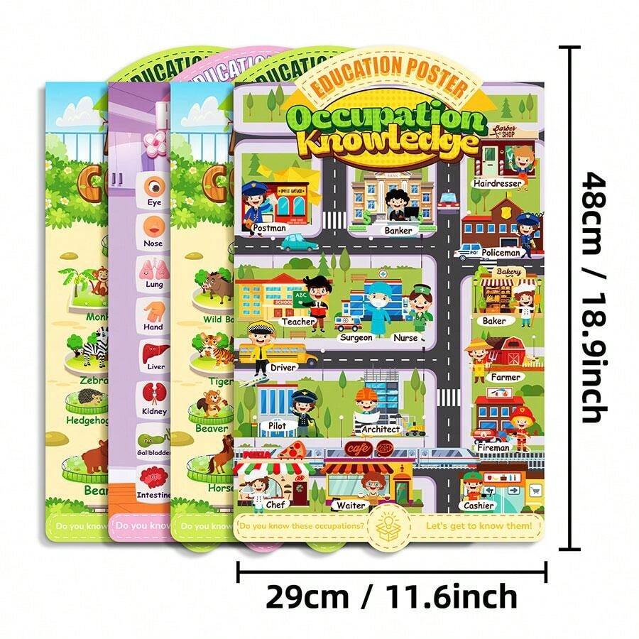 4pcs Kids Wall English Stickers Educational Toys, Featuring Animals