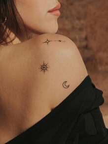 STARTTOOS 2pcs Black Crescent Moon, Starlight & Floral Pattern Temporary Tattoo Sticker For Fingers, Wrists & Small Parts Of Body - Black - View 4