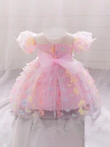 女婴彩色3D蝴蝶蓬蓬裙，可爱花童礼服，适合户外派对，面料图案随机裁剪，不含头饰 - 粉色 - 查看 2