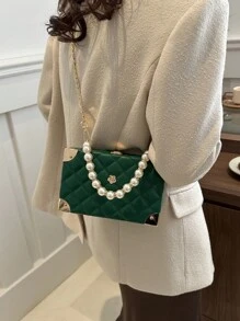 Solid Color Quilted Rhombus Faux Pearl Studded Handle Box Bag With Metal Chain Strap, Fashion Shoulder Bag, Embroidered Grid Pattern Small Gift Box For Women - Green - View 5
