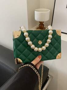 Solid Color Quilted Rhombus Faux Pearl Studded Handle Box Bag With Metal Chain Strap, Fashion Shoulder Bag, Embroidered Grid Pattern Small Gift Box For Women - Green - View 9