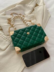 Solid Color Quilted Rhombus Faux Pearl Studded Handle Box Bag With Metal Chain Strap, Fashion Shoulder Bag, Embroidered Grid Pattern Small Gift Box For Women - Green - View 6