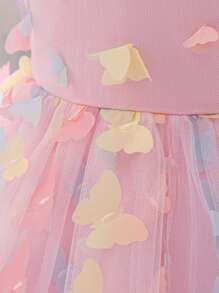女婴彩色3D蝴蝶蓬蓬裙，可爱花童礼服，适合户外派对，面料图案随机裁剪，不含头饰 - 粉色 - 查看 6