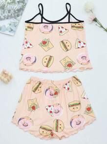 Hamburger & French Fries Cartoon Digital Print Cami Shorts Women Pajama Set - Orange - View 2