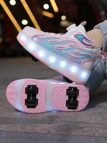 Unisex LED Rechargeable Light Up Sneakers, Multifunctional Transforming Roller Skates With Removable Wheels For Outdoor Activities And Sports Skating Shoes For Kids