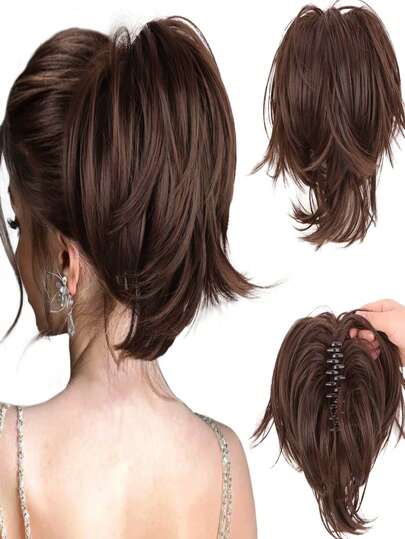 Messy Bun Hair Piece,Straight Fake Chignon,Claw Clip In Short Ponytail Extension,Heat Resistant Synthetic Ponytail Extensions For Women,Party Daily Use(Light Brown ,10inch)