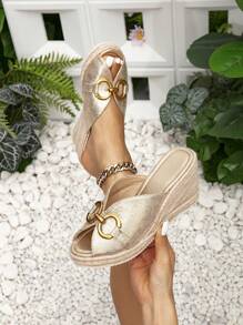 New Spring Summer Thick-Soled Open Toe Peep Toe Wedge Heel Women Sandals With Comfortable Suede Surface And Woven Rope Design - Gold - View 1