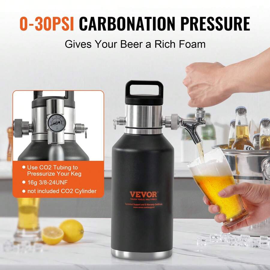 VEVOR Beer Growler Tap System, 64Oz 1.89L Mini Keg, 304 Stainless Steel Pressurized Beer Growler